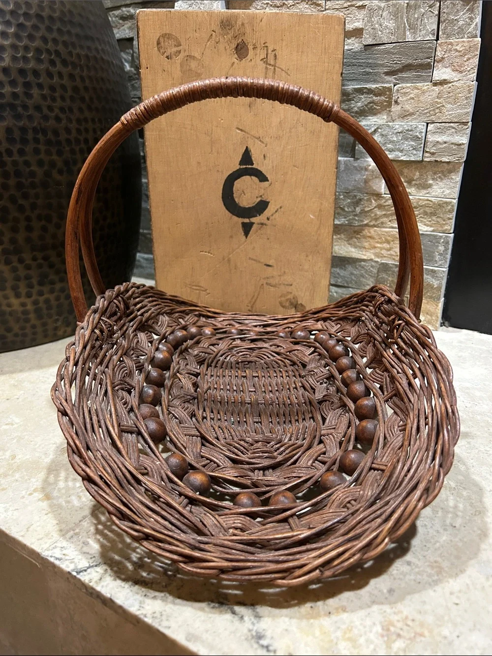 SOLD- vintage wicker rattan foraging flower trug basket decorated w/ wooden bead